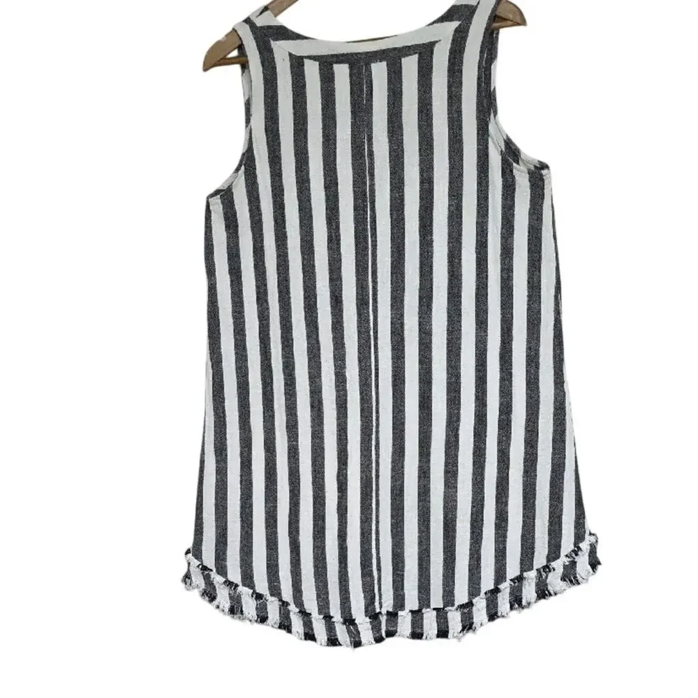 Umgee Sz M Black & White Strip Linen Blend Pocket Fringe Shabby Artsy BOHO Dress